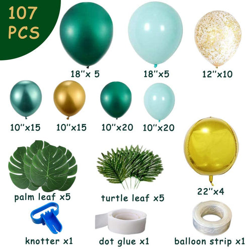 Jungle Safari Themed Balloon Garland Kit Green Aqua Blue Metal Gold Confetti balloons and Palm,Lvy Turtle Leaves for Baby Shower Decorations Boy or Girl Birthday Wild One