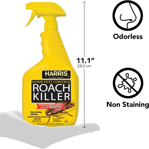 Harris Roach Killer, Liquid Spray with Odorless and Non-Staining 12-Month Extended Residual Kill Formula (32oz)
