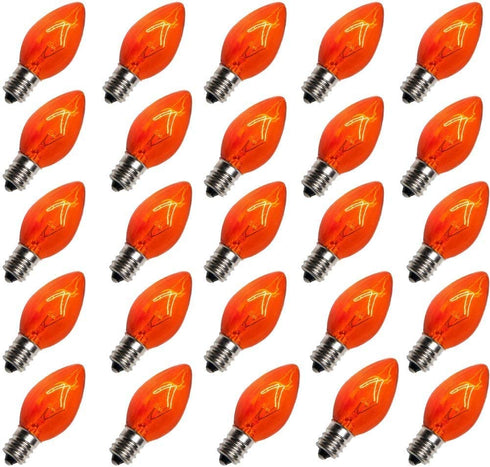 Romasaty 25 Pack C7 Orange Halloween Replacement Bulbs C7 Clear Outdoor String Light Replacement Bulbs, C7/E12 Candelabra Base, 5 Watt