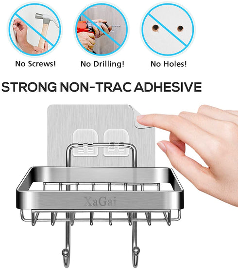 Soap Dish Holder, XaGai Stainless Steel Rustpoof Bar Soap Holder with 2 Hooks for Bathroom Shower Kitchen,Adhesive No Drilling Wall Mounted Soap Bar Holder for Shower Wall - Chrome