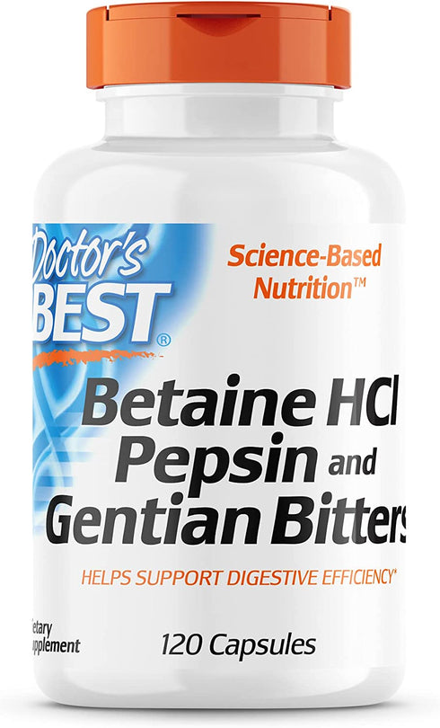 Doctor's Best Betaine HCI Pepsin & Gentian Bitters, Digestive Enzymes for Protein Breakdown & Absorption, Non-GMO, Gluten Free, 120 Caps, Original Version (DRB-00163)