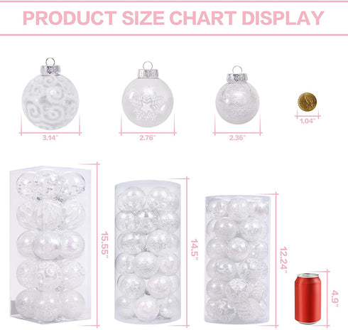 60MM/2.36" Clear Christmas Ornaments Set, 30PCS Shatterproof Decorative Hanging Ball Ornament with Stuffed Delicate Decorations, Xmas Tree Balls for Halloween Holiday Party Thankgivings - White.