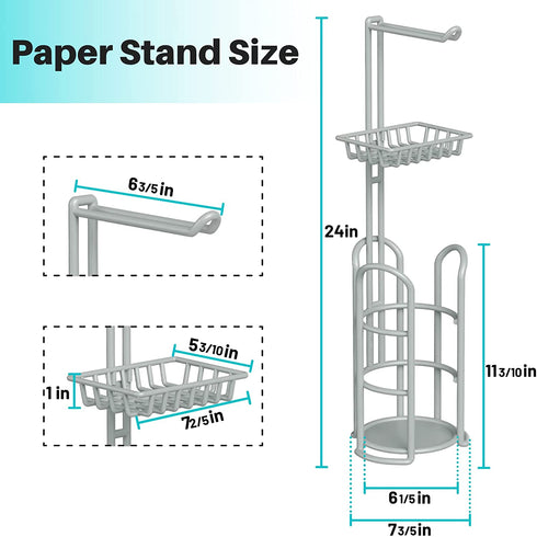 Upgrade Toilet Paper Holder Stand, Silver Gray Freestanding Toilet Paper Roll Holders with Shelf, Bathroom Tissue Storage Rack