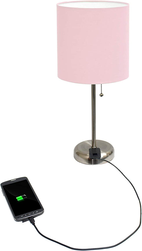 Limelights LT2024-LPK Stick Charging Outlet Table Lamp, Brushed Steel Base/Light Pink Shade