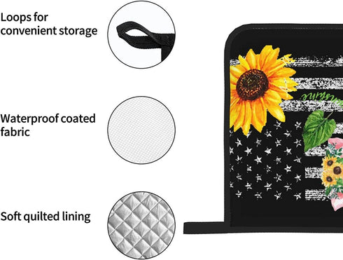 Oven Mitts and Pot Holders Sets Farmhouse Sunflower Pig American Flag Kitchen Microwave Gloves and Hot Pads Potholders with Cotton Liner Grip Cooking Mitts for Baking Cooking Grilling BBQ