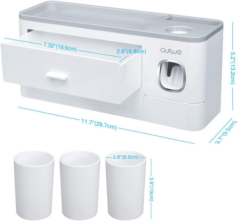 Pretigo Toothbrush Holder Easy Install Large Capacity Storage, with Cosmetic Drawer Organizer and Toothbrush Rack, Integrated with Automatic Toothpaste Dispenser, Space Saving with Magnetic Cup Design