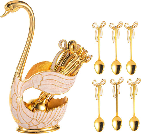 Feyarl Coffee Dessert Sugar Spoon Set Decorative Swan Base Holder with 6pcs Spoons for Stirring Mixing Dessert Ice Cream Coffee Teaspoon Cake Flatware (Gold)