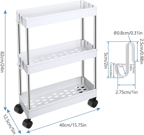 3 Tier Slim Storage Shelves Cart Rolling Utility Cart Mobile Shelving Unit Organizer Slid Out Utility Cart with Wheels and 8 Pieces Metal Hooks for Bathroom Kitchen Office (White)