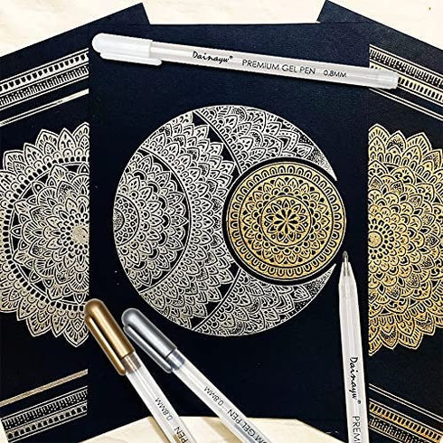 dainayw 3 Colors Gel Pen Set - White, Gold and Silver 0.8 mm Nibs Gel Ink Pens, Archival Ink Rollerball Pens for Black Paper Drawing, Sketching, Illustration Design and Adult Coloring Book, Pack of 8
