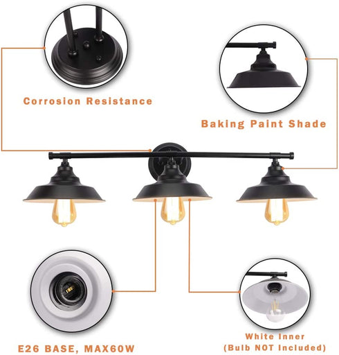 LMSOD 3 Lights Bathroom Vanity Light, Black Vintage Industrial Wall Sconce Lighting Fixture Fashion Simplicity Metal Based Black
