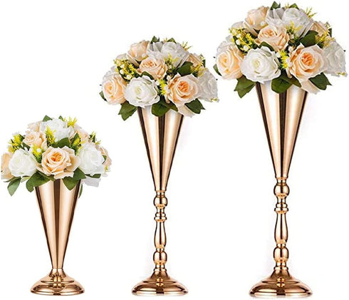 2 Pcs Tabletop Metal Wedding Flower Trumpet Vase, Table Decorative Centerpiece, Artificial Flower Arrangements for Anniversary Ceremony Party Birthday Event Aisle Home Decoration (Gold)