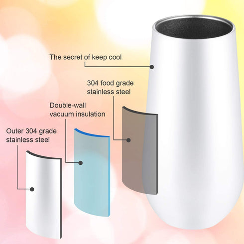 6 Pieces Stemless Champagne Flutes Double-insulated Champagne Tumbler with Lips, 6 OZ Stainless Steel Unbreakable Cocktail Cups for Coffee Wine Glass Tumbler (White)