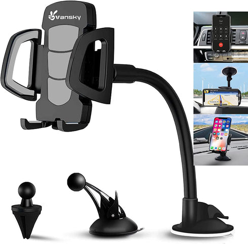 Vansky Car Phone Holder Mount, 3-in-1 Universal Cell Phone Holder Car Air Vent Holder Dashboard Mount Windshield Mount for iPhone 12 11 X XR 7/7 Plus, Samsung Galaxy S9 LG Sony and More