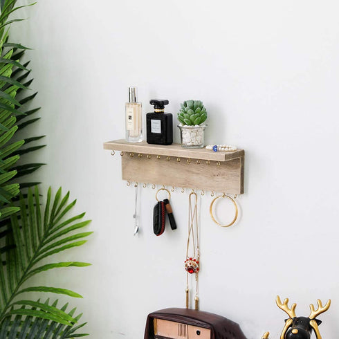 Byher Wall Mounted Jewelry Organizer with 24 Hooks - Rustic Wood Shelf Jewelry Display - Storage for Necklaces, Bracelets, Earrings, Bows (24 Hooks)