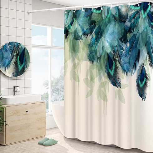 Wallall Peacock Feather Shower Curtain Teal Blue Peafowl Tail Bathroom Curtains Beautiful Natural Wild Living Room Decorations Washable Fabric Bathtub Decor with Hooks 72x72inch
