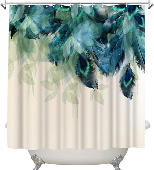 Wallall Peacock Feather Shower Curtain Teal Blue Peafowl Tail Bathroom Curtains Beautiful Natural Wild Living Room Decorations Washable Fabric Bathtub Decor with Hooks 72x72inch