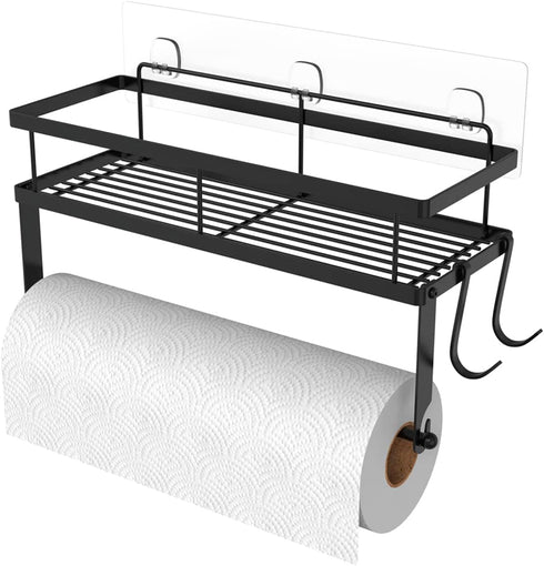 ESOW Paper Towel Holder with Shelf Storage, Adhesive Wall Mount 2-in-1 Basket Organizer for Kitchen & Bathroom, Durable Metal Wire Design, Stainless Steel 304 Matte Black Finish