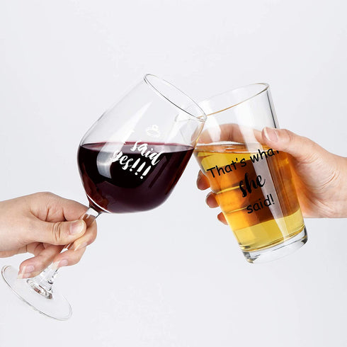 I Said Yes, That's What She Said Wine Glass and Beer Glass Set for Him Her Couples Newlyweds, Novelty Wine Gift for Engagement Proposal Valentine's Day Wedding Bridal Shower, 15Oz (Set of 2)