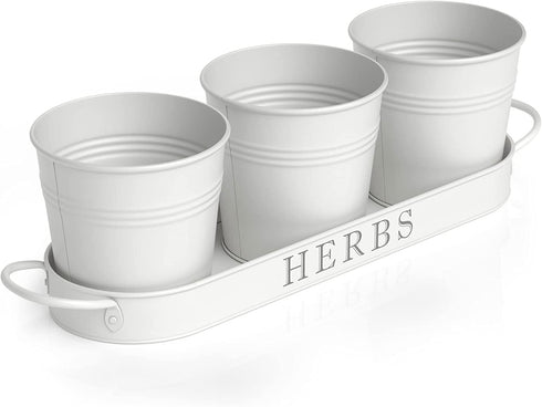 Barnyard Designs Herb Pot Planter Set with Tray for Indoor Garden or Outdoor Use, White Metal Succulent Potted Planters for Kitchen Windowsill, (Set of 3, 4.25? x 4? Planters on 12.5? x 4" Tray)