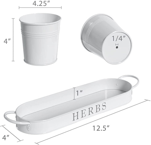 Barnyard Designs Herb Pot Planter Set with Tray for Indoor Garden or Outdoor Use, White Metal Succulent Potted Planters for Kitchen Windowsill, (Set of 3, 4.25? x 4? Planters on 12.5? x 4" Tray)