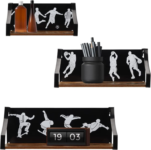 Calenzana Sports Floating Shelves Set of 3, Rustic Wooden Wall Shelf for Boys Men Room Bathroom Bedroom Living Room Decor, Black