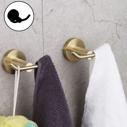 GERZ SUS 304 Stainless Steel Bath Double Coat Hook Towel/Robe Clothes Hook for Bathroom Kitchen Modern Hotel Style Wall Mounted Brushed PVD Zirconium Gold 2 Pack