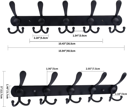Qihtldsy Coat Rack Wall Mount, Stainless Steel Coat Hooks, 5 Tri Hooks, Heavy Duty Hook Rail for Coat Hat Towel Bag Purse Robes Bedroom Kitchen Bathroom Entryway (Black, 2 Packs)