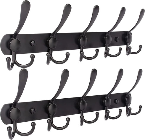 Qihtldsy Coat Rack Wall Mount, Stainless Steel Coat Hooks, 5 Tri Hooks, Heavy Duty Hook Rail for Coat Hat Towel Bag Purse Robes Bedroom Kitchen Bathroom Entryway (Black, 2 Packs)