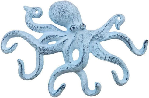 Rustic Dark Blue Whitewashed Cast Iron Octopus Hook 11 Inch - Decorative Hook - Sealife Metal Wall Hook
