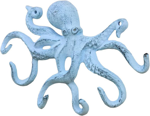 Rustic Dark Blue Whitewashed Cast Iron Octopus Hook 11 Inch - Decorative Hook - Sealife Metal Wall Hook