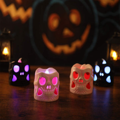 OSALADI 4 Packs Skeleton Candle Lights Halloween Flickering Candles with Skull Battery Operated Candle Lights for Halloween Party Festival Room Bar Hotel Decor