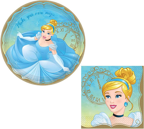 Cinderella Themed Party Supplies: Bundle Includes Round Dinner Paper Plates and Napkins for 16 People