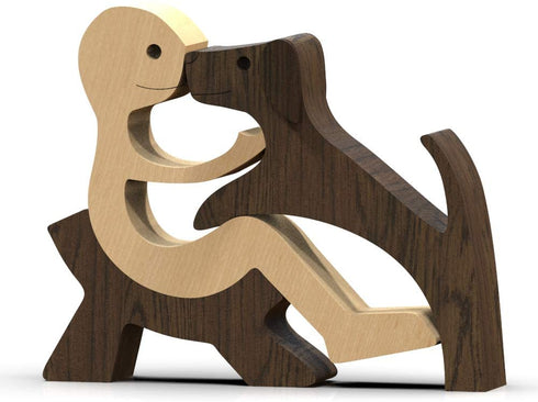 Handmade Wood Decor Sculptures, Sitting Man and Dog Statue, Carved Creative Home Office Gift Decoration Natural ECO Friendly