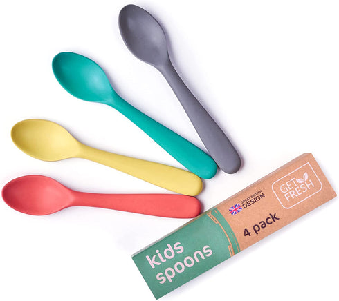 GET FRESH Bamboo Kids Spoons Set – 4-pack Colorful Bamboo Kids Cutlery for Everyday Use – Reusable Bamboo Fiber Kids Spoons for Daily Mealtime – Large Bamboo Utensils for Toddlers and School Children