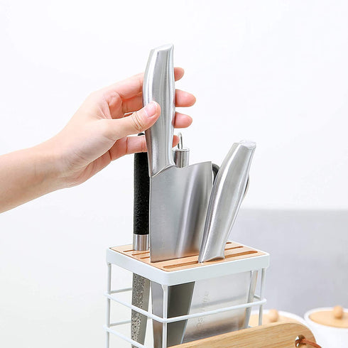 VANRA Metal Steel Knife Block Holder Kitchen Knife Storage Organizer Stand without Knives 8-Slot (White)