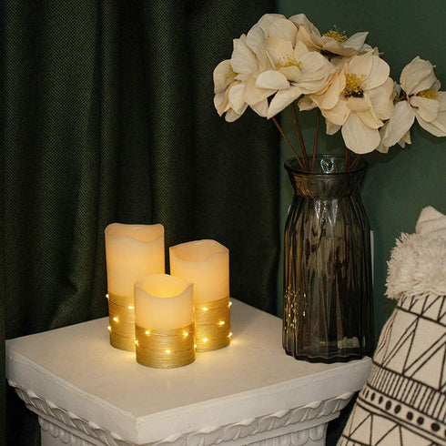 Flickering LED Candle Set with Daily Timer,BeMoment Flameless Candles,Embedded String Lights Stay Lit,Golden Stripes Decorative,Real Wax,Battery Powered,Set of 3(H 4"5"6" x D3")