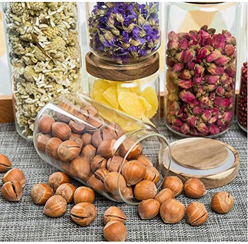 Keledz Glass Storage Jar with Wood Lids, Airtight Sealed Clear Borosilicate Glass Canister Kitchen Food Storage Containers for Coffee Beans Loose Tea Nuts Sugar Candy Spice, 450ml 16 oz (1000ml 35 oz)