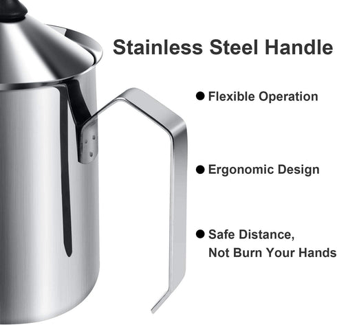 Manual Milk Creamer Hand Pump Frother Cappuccino Latte Coffee Foam Pitcher with Handle, Lid, Double Layer Filter Screen, Stainless Steel, 17-Ounce Capacity (500ml)
