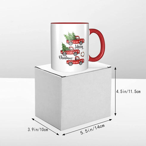 Red Christmas Coffee Truck Mug Cup for Home Office 11 Oz, Cute Funny Funky Flat Bottom Ceramic Mug Holiday Gifts for Women Men