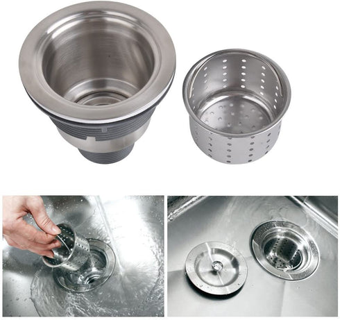 Kitchen Sink Drain 3-1/2 Inch Sink Drain Assembly Kit, Removable Deep Sink Strainer Basket with Sink Stopper/Sealing Lid for Home, Kitchen, Stainless Steel