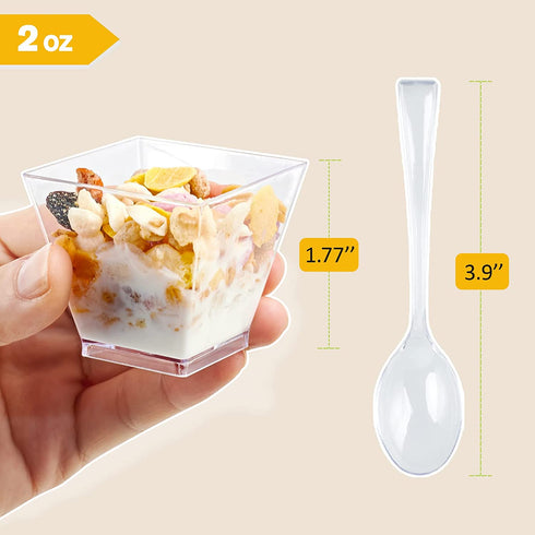 100 x 2oz Square Mini Dessert Cups with Spoons, Clear Plastic Parfait Appetizer Cup - Small Plastic Dessert Cups Reusable Serving Bowl for Tasting Party Desserts Appetizers