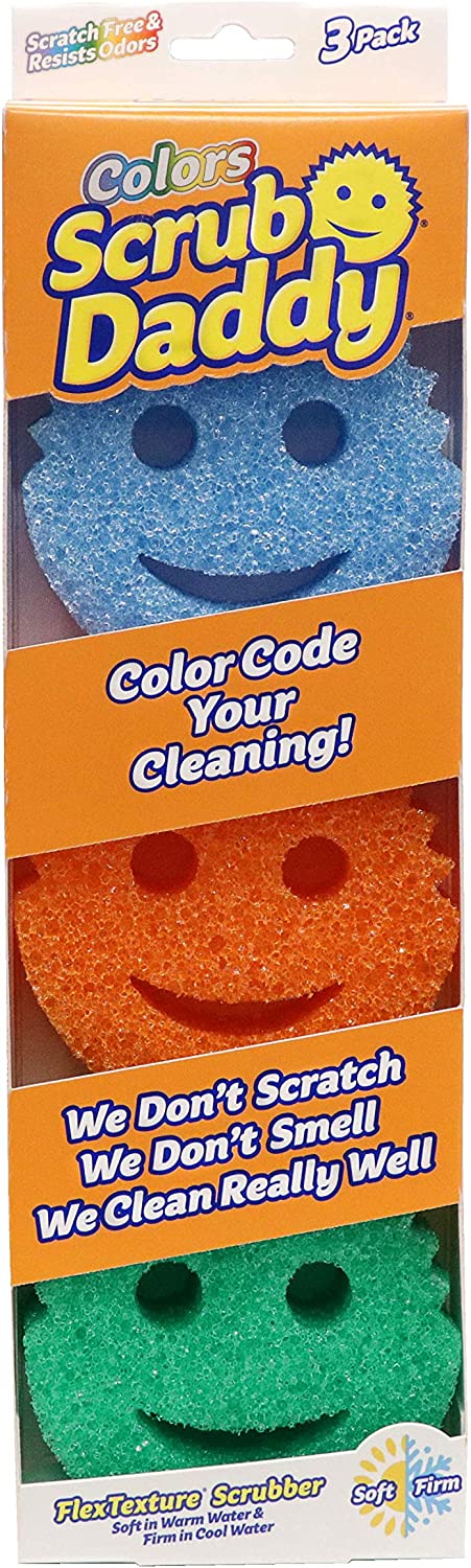 Scrub Daddy Sponge Set - Colors - Scratch-Free Sponges for Dishes and Home, Odor Resistant, Soft in Warm Water, Firm in Cold, Deep Cleaning, Dishwasher Safe, Multi-use, Functional, Ergonomic, 3ct