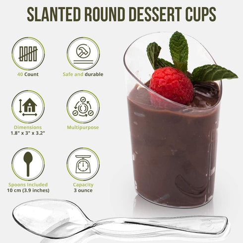 Open Cut Slanted Round Dessert Cups - 3 ounce - 40 Count - Spoons Included - Clear Plastic - Slanted Cylinder Mini Dessert Cup - Appetizer Cup - Tasting Glass-Sample Shot Glass -Disposable or Reusable
