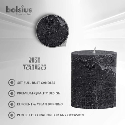 BOLSIUS Rustic Anthracite (Black) Unscented Pillar Candles - 2.75" X 3.25" Decoration Candles Set of 3 - Clean Burning Dinner Candles for Wedding & Home Decor Party Restaurant Spa- Aprox (80x68m)