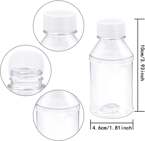 ANECO 30 Pack 4 Ounce Empty Plastic Juice Bottles Reusable Drink Containers with Lids Ideal for Storing Juices, Water and Other Homemade Beverages
