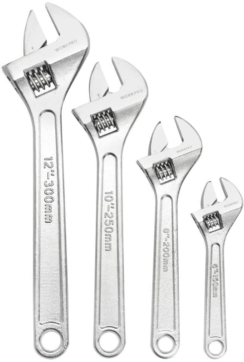 WORKPRO 4-piece Adjustable Wrench Set, Forged, Heat Treated, Chrome-plated (6-inch, 8-inch, 10-inch, 12-inch)