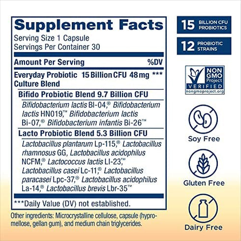 Renew Life Adult Probiotics, 15 Billion CFU Guaranteed, Everyday Probiotic Supplement for Digestive & Immune Health, Shelf Stable, Gluten Dairy & Soy Free, 30 Capsules
