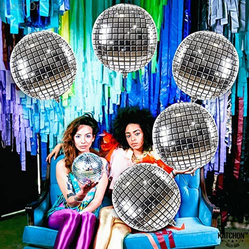 Big, Silver Disco Ball Balloons - 22 Inch, Pack of 6 | 4D Sphere Round Metallic Disco Balloons for Disco Party Decorations | Disco Ball Decorations for Bachelorette Party Decorations, 70s Theme Party