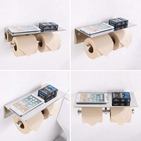 Double Toilet Paper Holder with Shelf Polished Chrome, APLusee SUS304 Stainless Steel Contemporary Bathroom Tissue Roll Holder Cell Phone Storage Rack