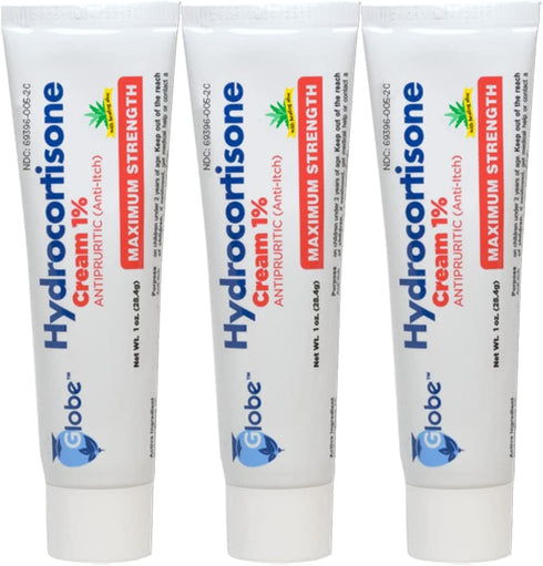 (3 Pack) Globe Hydrocortisone Maximum Strength Cream 1% w/ Aloe, Anti-Itch Cream for Redness, Swelling, Itching, Rash & Dermatitis, Bug/Mosquito Bites, Eczema, Hemorrhoids & More